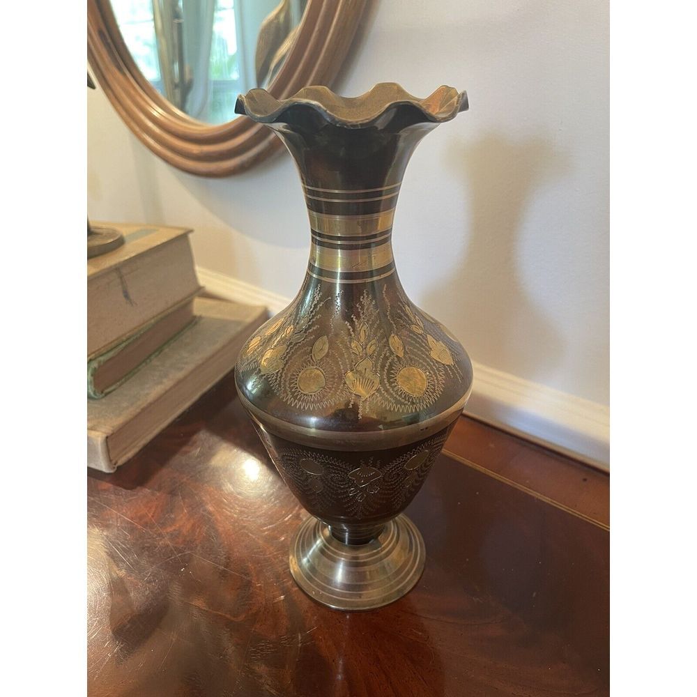 Brass/Metal Vase, Boho Etched 9.5" Floral Black w Gold‎ Ruffled Edge vintage